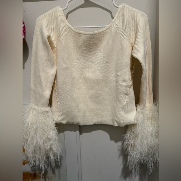 Free People Marilyn Faux Feather Trim Off the Shoulder Crop Sweater - Picture 3 of 10
